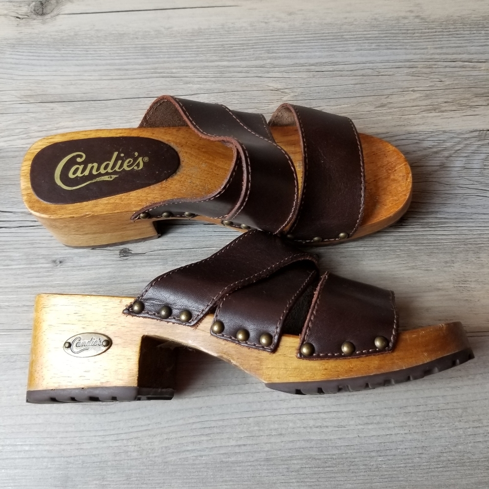 Vintage Candie's Brown Leather Chunky Wooden Platform Heel Slide Mule Sa…